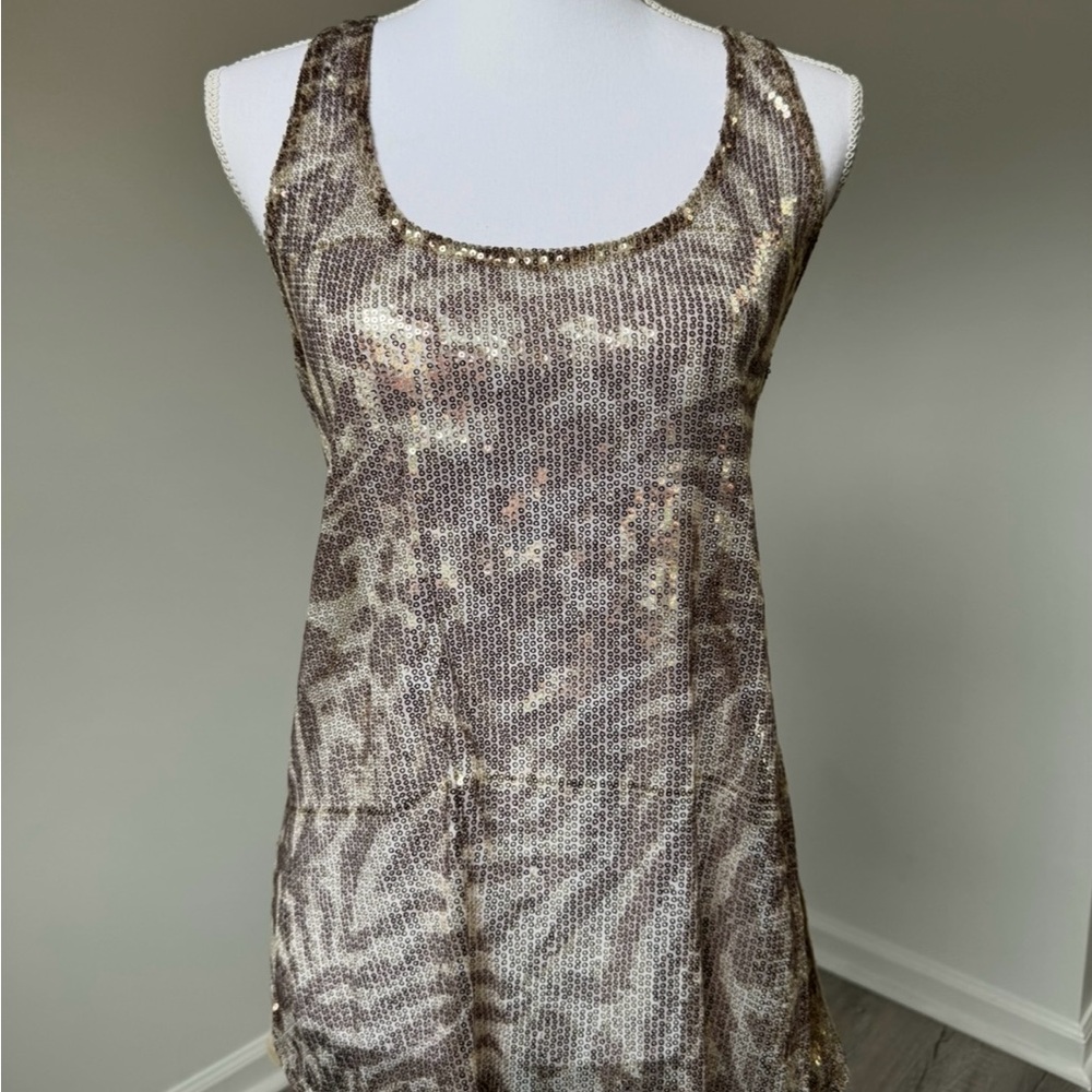 Almost Famous Sequin Animal Print Tank Top L Y2K Racerback Sparkly Glam Diva